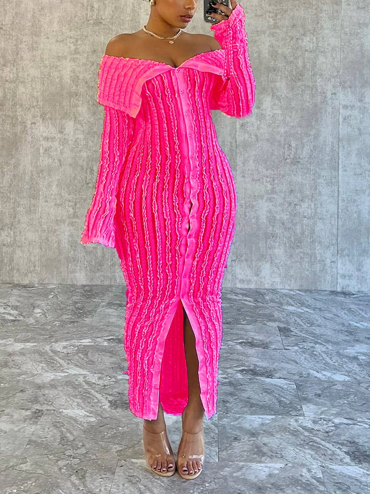   Fashionable and Elegant Off-Shoulder Bodycon Wave-Pattern Long-Sleeve Dress