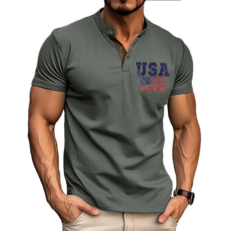 Men's American Flag Print Short Sleeve Button T-Shirt