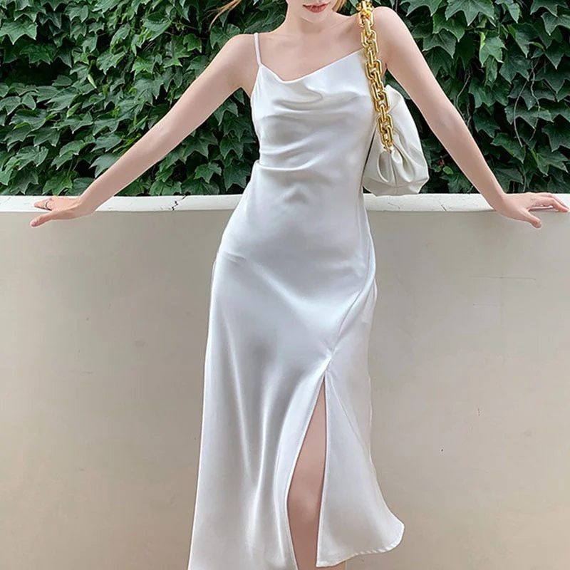 Ordifree 2022 Summer Women White Satin Dress Sexy Slit Spaghetti Strap Vintage Beach Wear Silk Long Party Dress