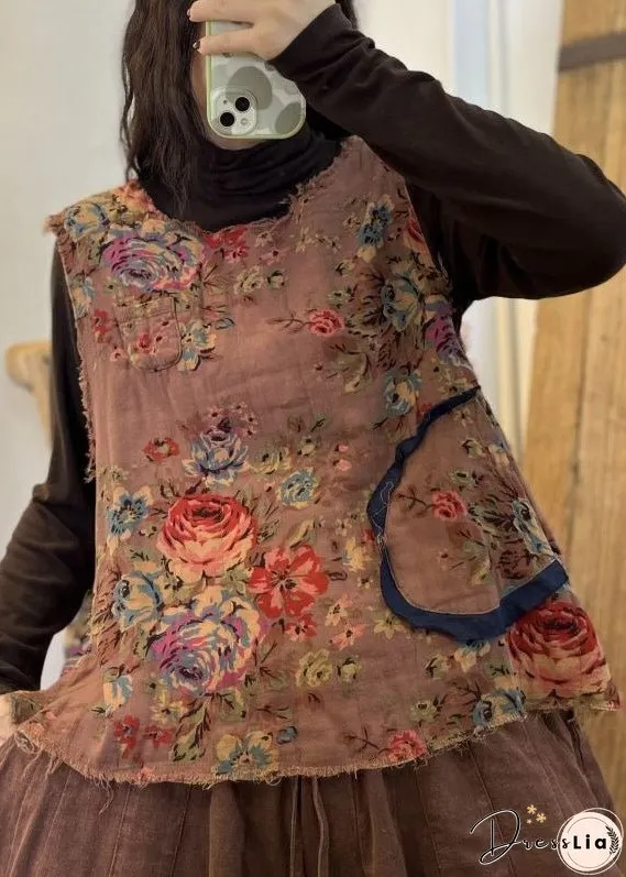 Unique Red O Neck Print Patchwork Cotton Waistcoat Sleeveless