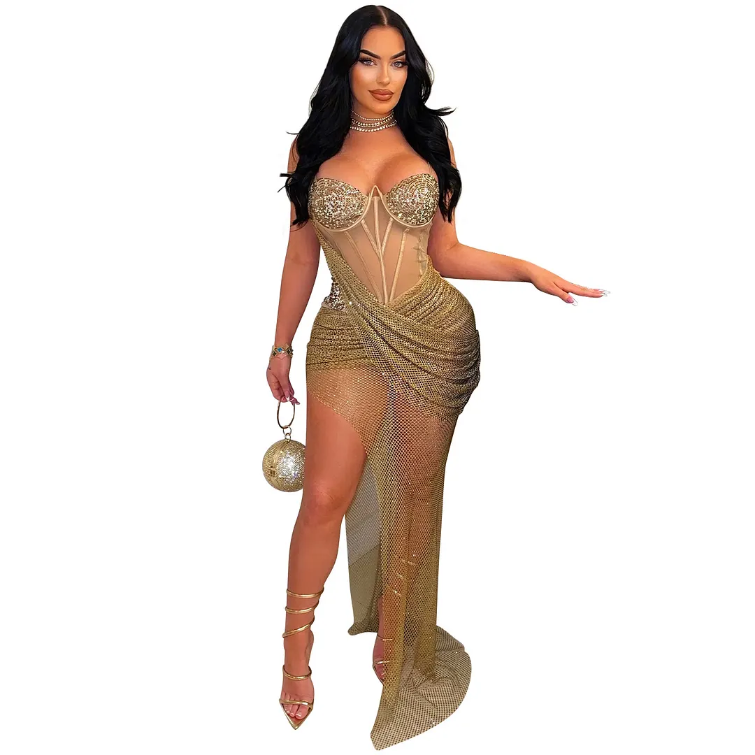 Churchf Churchf Fashion Women's Sexy Mesh Hot Diamond Long Skirt Dress