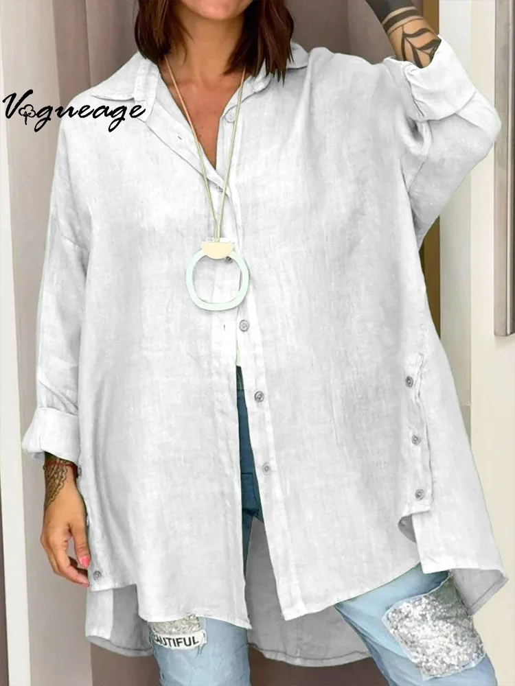 Fashion Solid Color Loose Regular Nine-Point Sleeve Cotton And Linen Women's Shirt