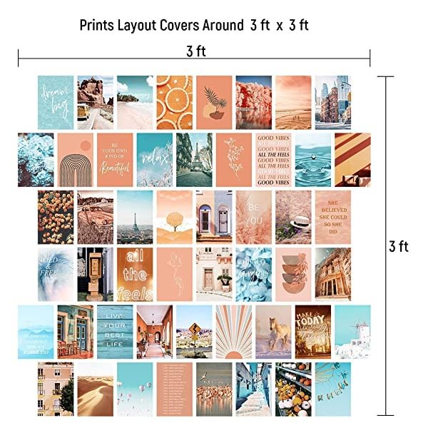 Peach Teal Wall Collage Kit Aesthetic Pictures, Bedroom Decor for Teen Girls, Wall Collage Kit, Collage Kit for Wall Aesthetic, Girls Bedroom Decor, Boho Wall Decor, Collage Kit (50PCS 4x6 inch)、amazon、sdecorshop