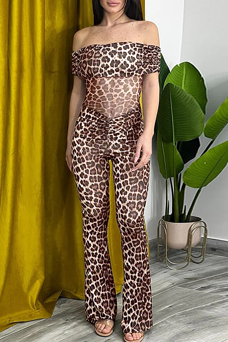 Leopard Print Off Shoulder Boat Neck Flared Leg Jumpsuit-Brown