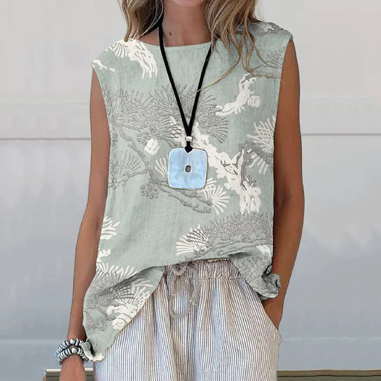 Lunivibe Vintage Floral And Crane Art Printed Casual Sleeveless Top