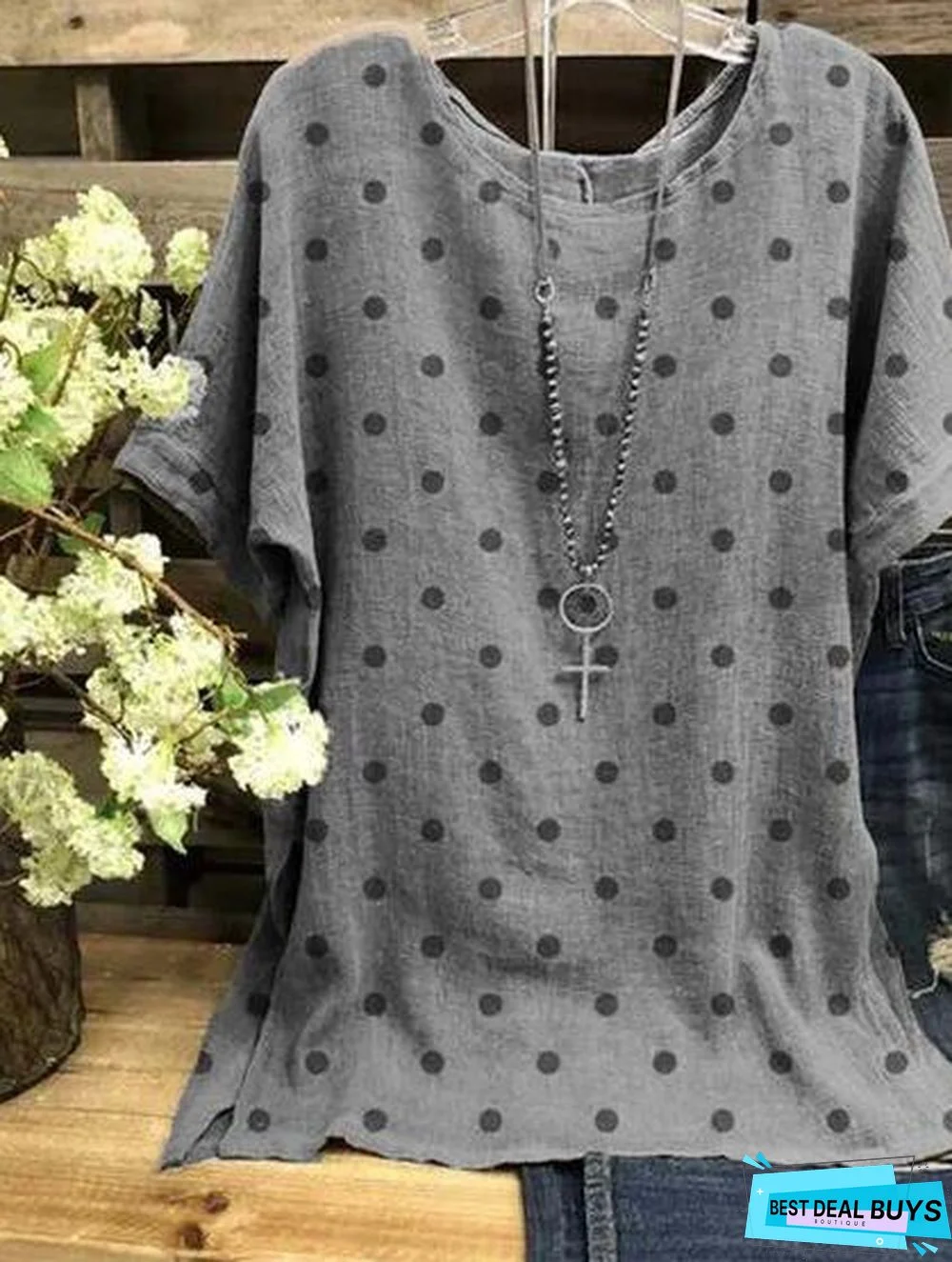 Cotton-Blend Casual Short Sleeve Polka Dots Tops