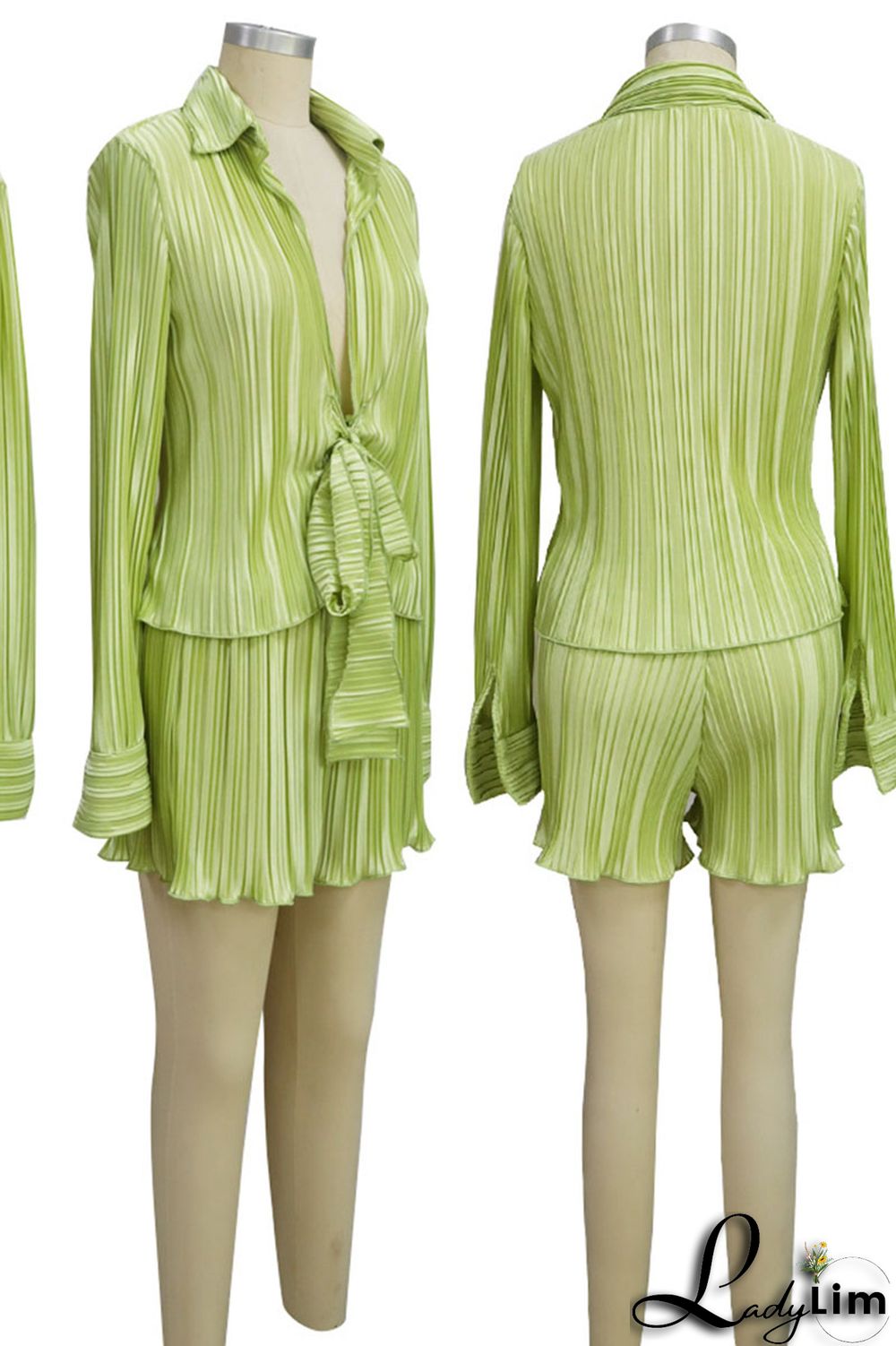 Green Casual Solid Bandage Patchwork Turndown Collar Long Sleeve Two Pieces