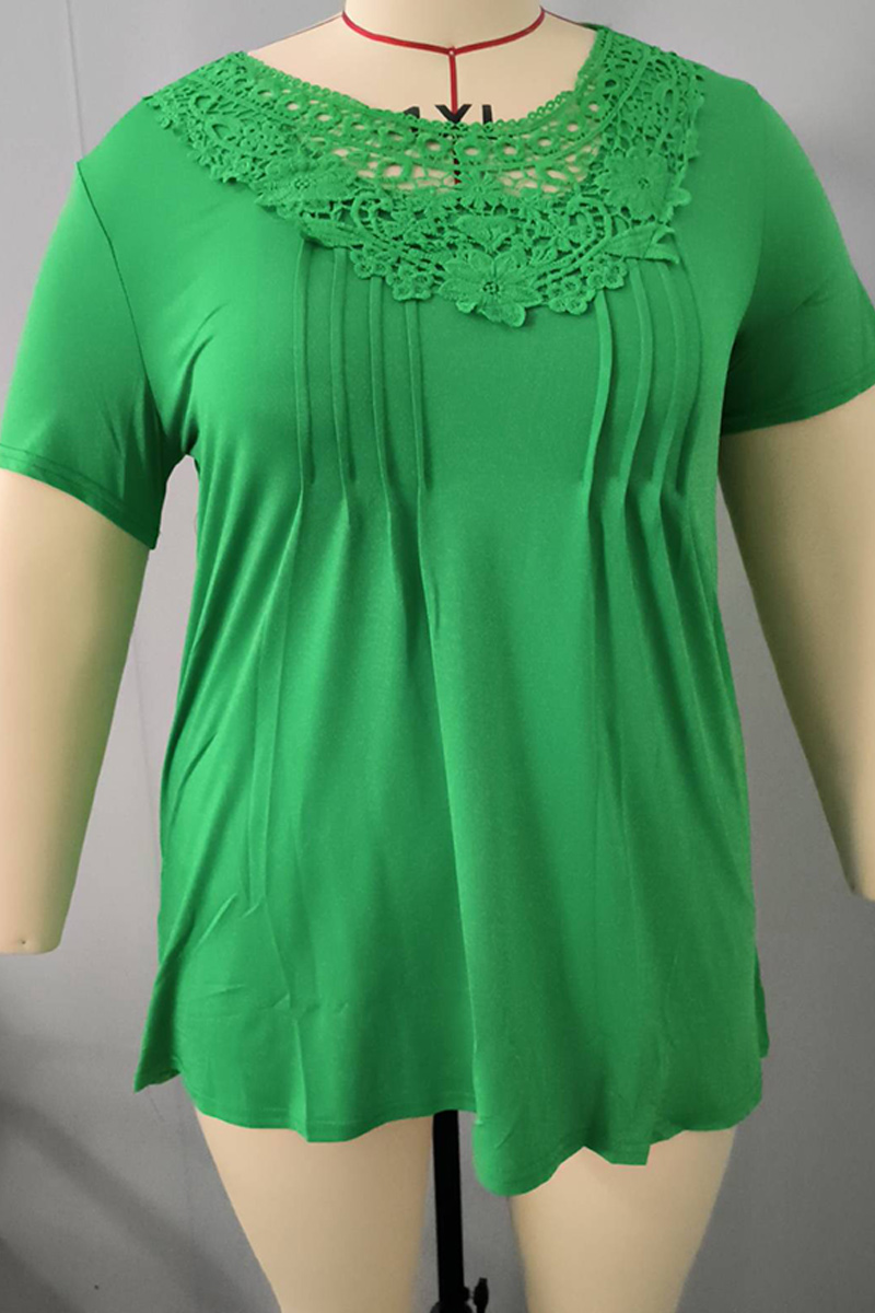 Plus Size Solid Pleated Lace Patchwork T Shirt 2024 - Flycurvy 