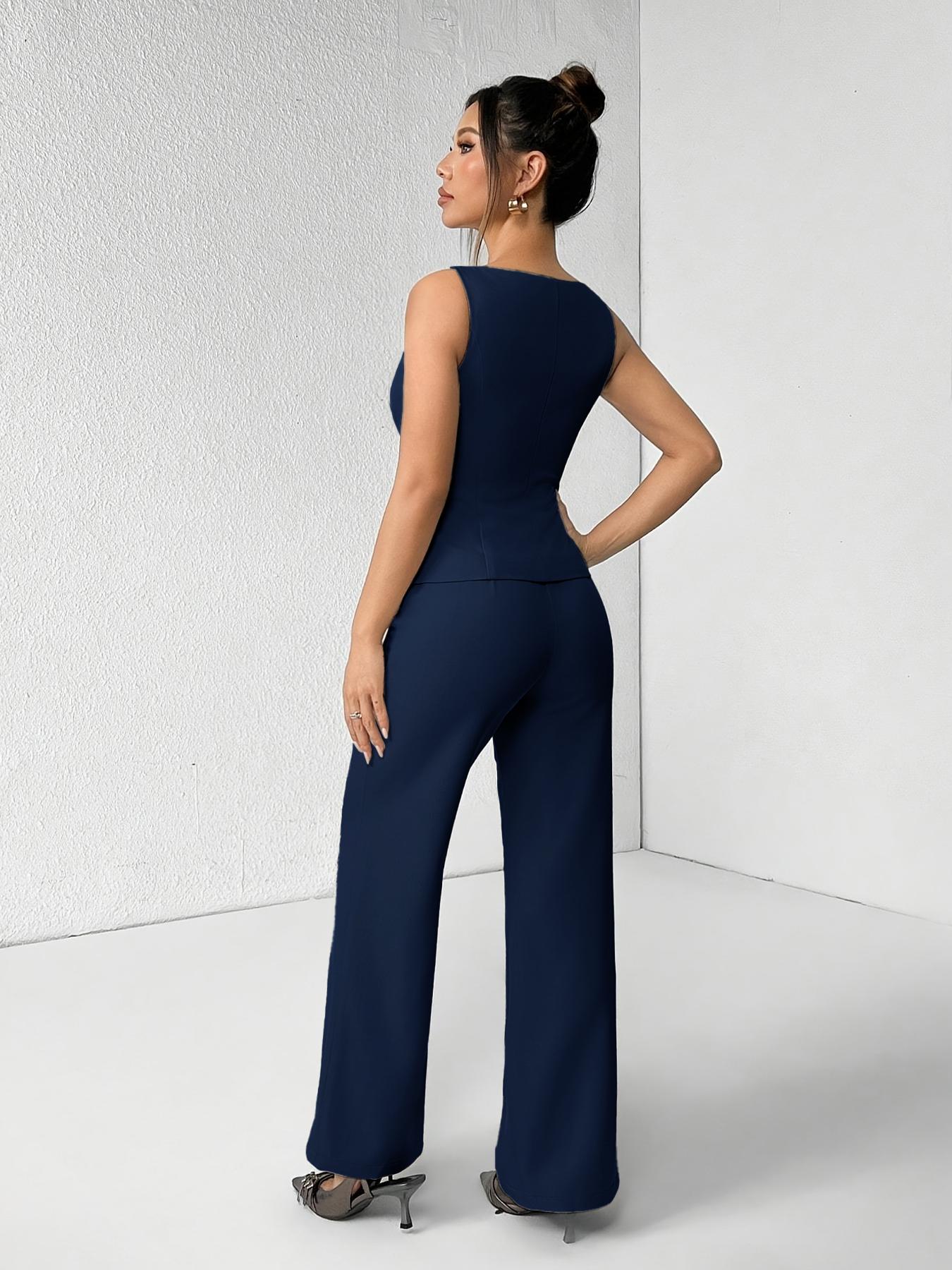 Women's Solid Button Front Sleeveless Tank Top & Wide Leg Pants Set, Casual Elegant Chic Minimalist Fashion Two-piece Set for Summer, Women's Clothing for Daily Wear, Suits, Office Siren Outfits, Casual Matching Set, Corporate Outfits Women