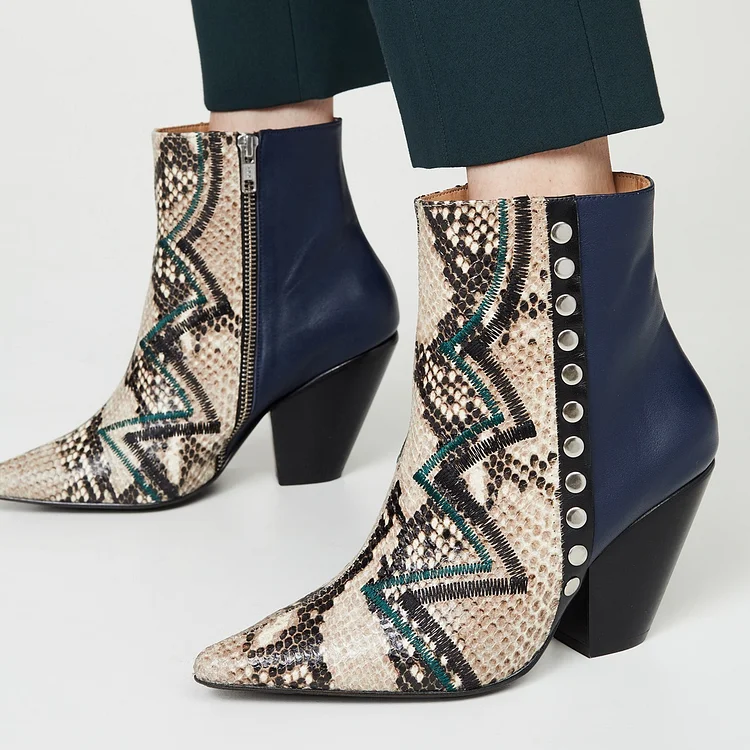 Multi-Color Python Pointy Toe Chunky Heel Western Boots Ankle Boots |FSJ Shoes
