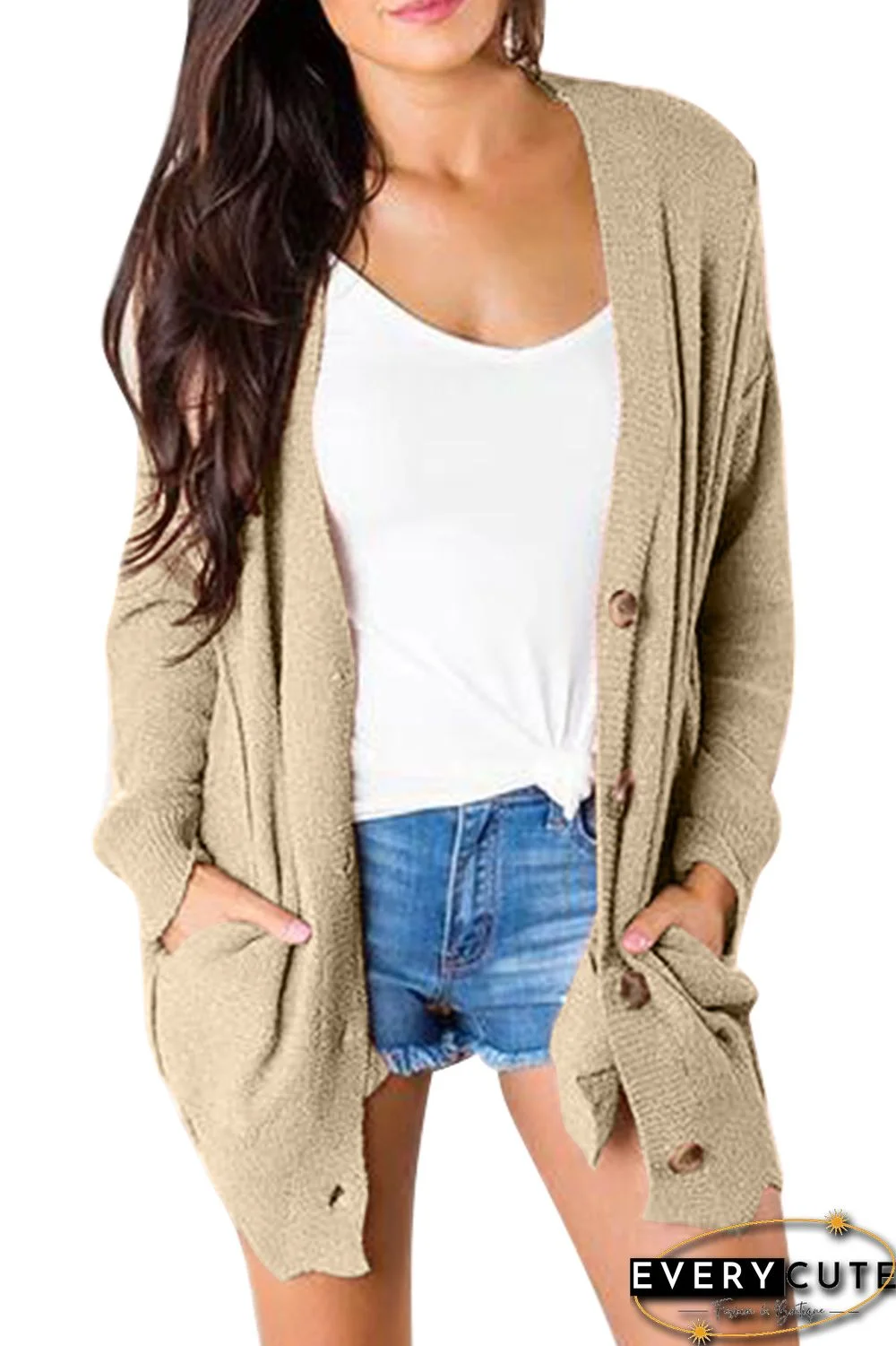 Khaki Button Down Casual Sweater Cardigan