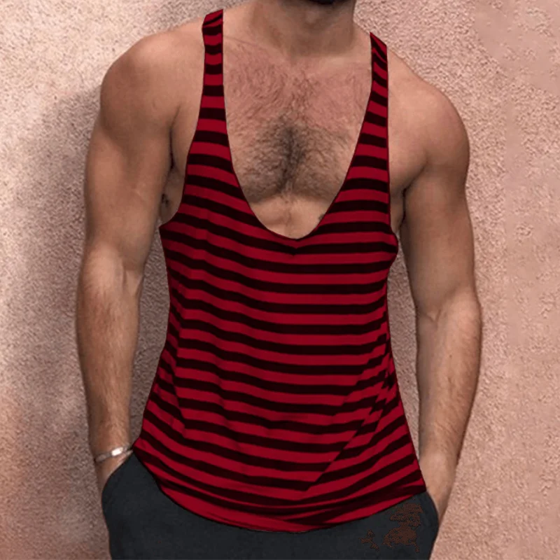 Men's Solid Color Deep V Neck Tank Top Casual Breathable Sweat Wicking Striped T-Shirt、、URBENIE