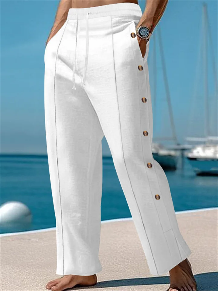 Men's Cotton and Linen Spring and Autumn Draw Solid Color Loose Straight Casual Pants-JRSEE