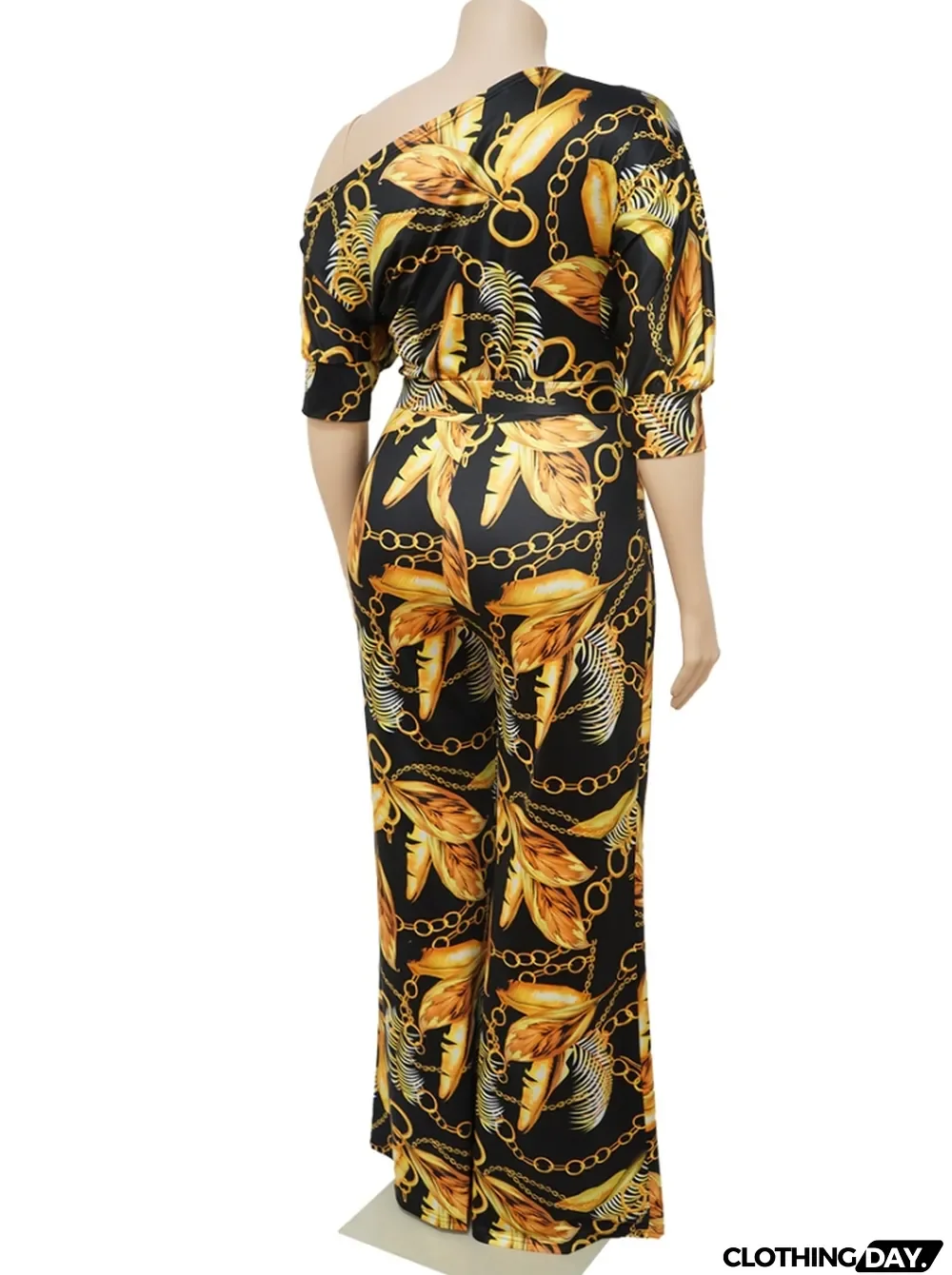 Women Autumn Gold Modest Slash Neck Half Sleeves Print Belted Full Length Loose Plus Size Jumpsuit