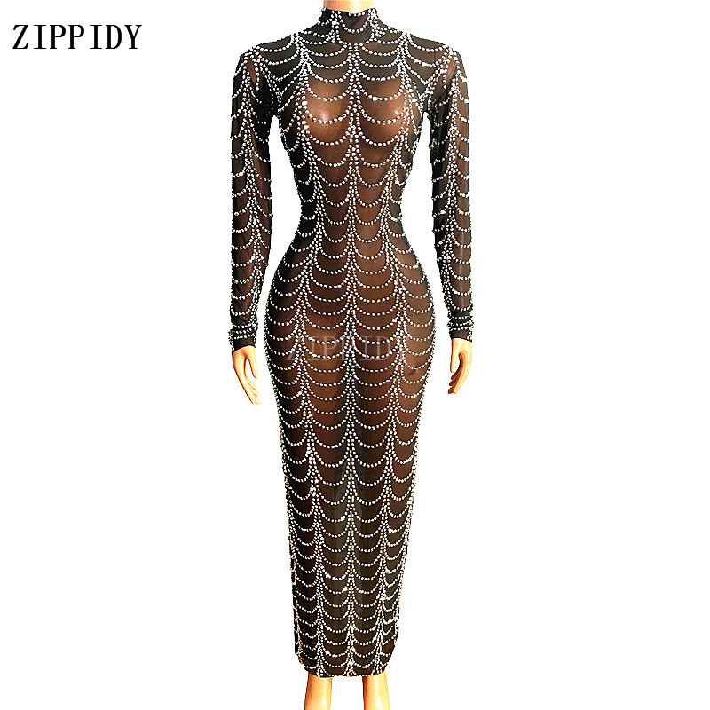 VCSHOES Nude Mesh Sparkly Gold Rhinestones Transparent Dress Evening Birthday Celebrate Dance Costume Show Stretch Outfit Wear
