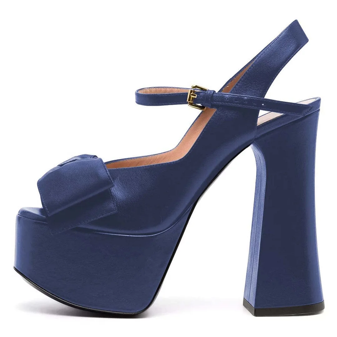 Navy Peep Toe Bow Decor Chunky Heel Ankle Strap Platform Sandals