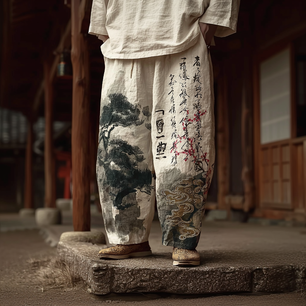 Japanese Art Retro Ink Painting Pattern Design Men's Casual Linen Long Pants elevenforest