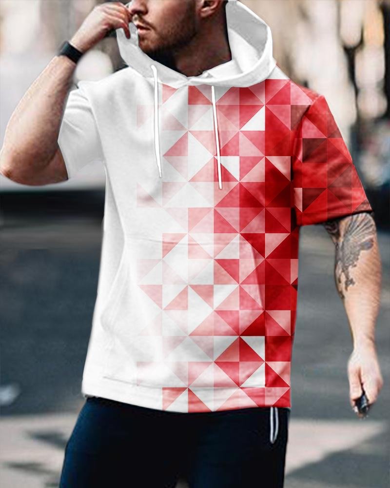 Men's Casual Red Geometric Printing Short-Sleeved Hoodie