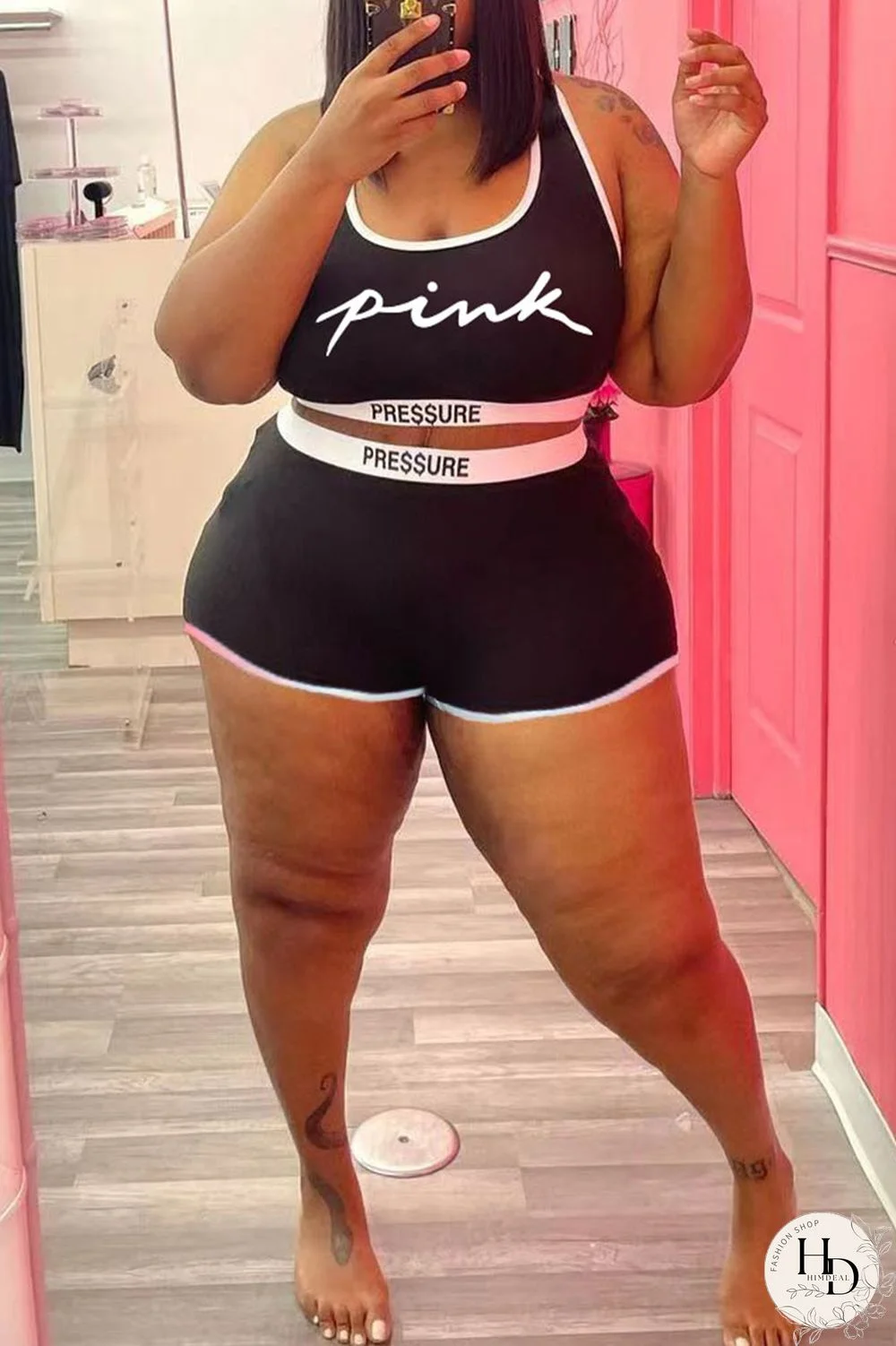 White Casual Letter Print Basic U Neck Plus Size Two Pieces