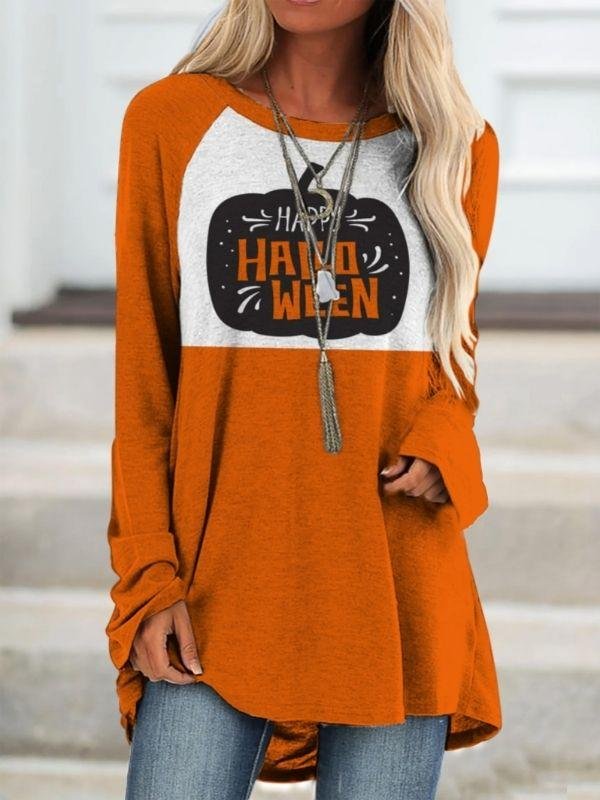 Casual Halloween Pumpkin Letter Printed T-Shirts Tops