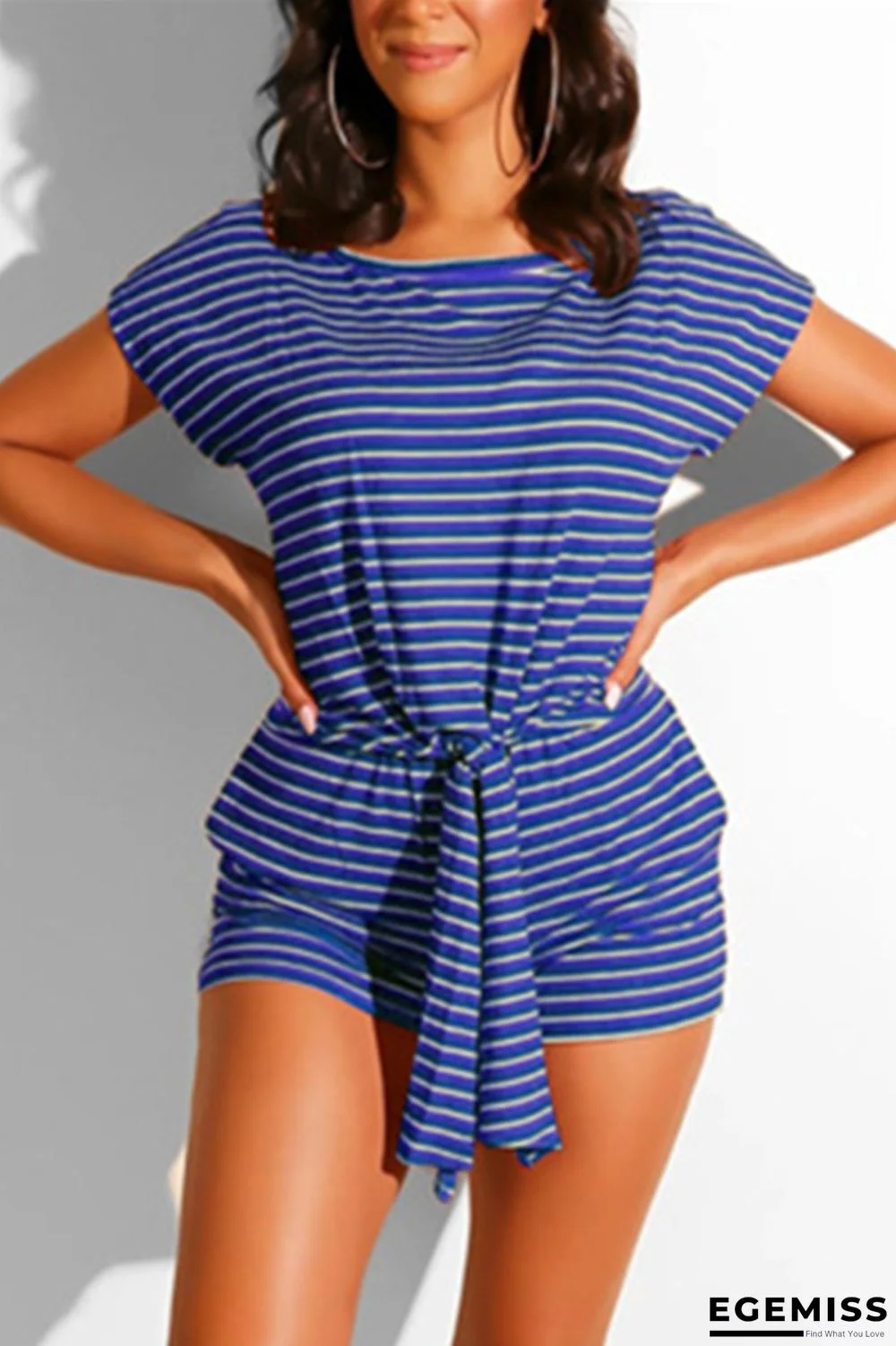 Blue Fashion Casual Striped Short Sleeve Two-piece Set | EGEMISS