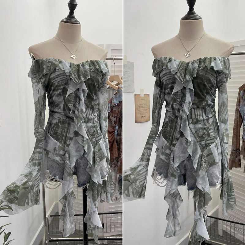 Nigikala Nigikala Shooting Retro Shoulder Tie-Dye Net Horn Long-Sleeved T-Shirt Irregular Lotus Leaf Side Ribbon Y2k Top 8012