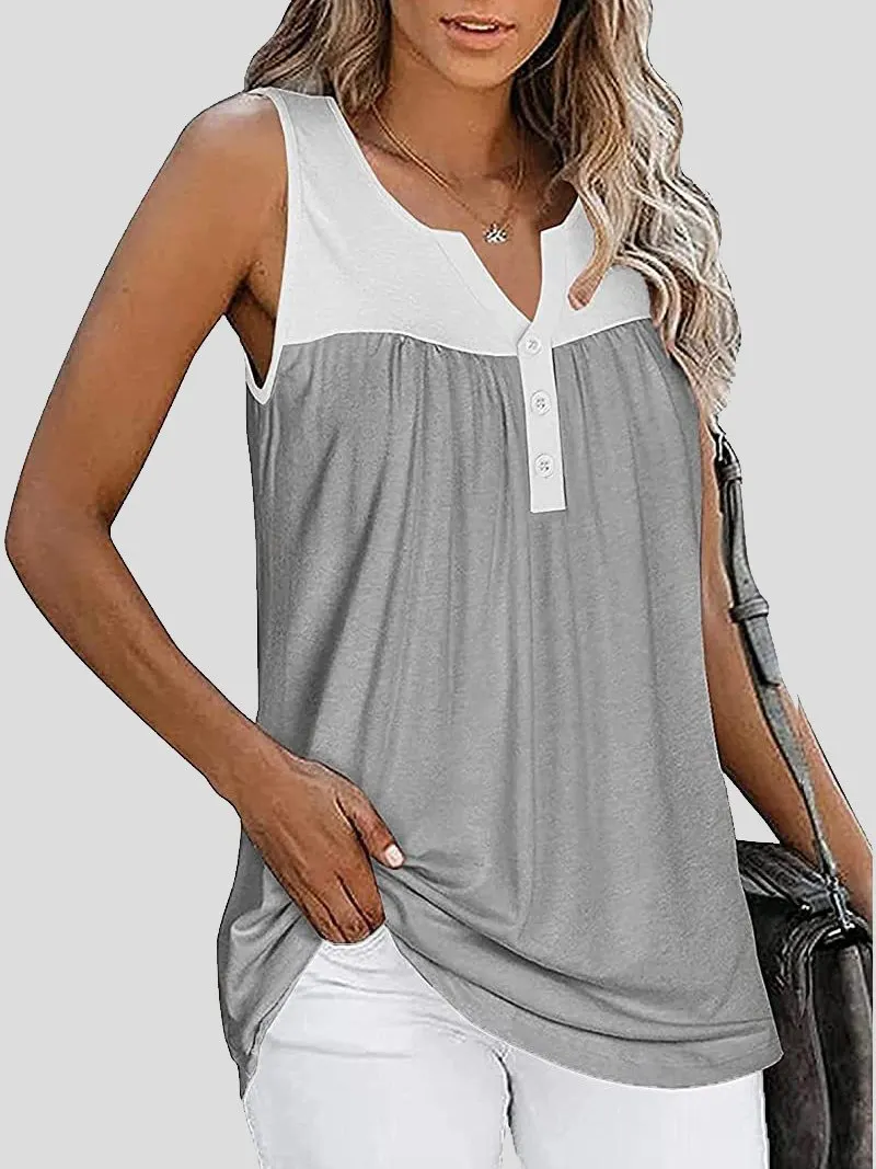 Sleeveless V-Neck Button Paneling Tank Tops