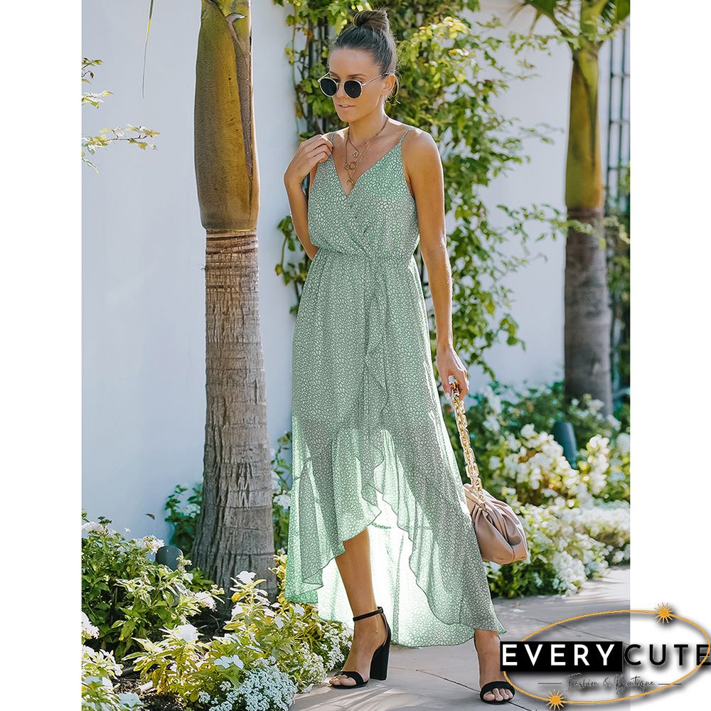 Light Green Wave Point Ruffle Detail Irregular Maxi Dress