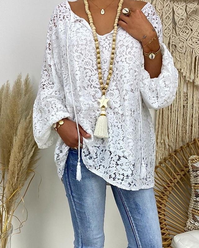 Women's Plus Size Blouse Shirt Floral Flower Long Sleeve Lace Hollow Out V Neck Tops Loose Lace Casual Basic Top White-830 - VSMEE