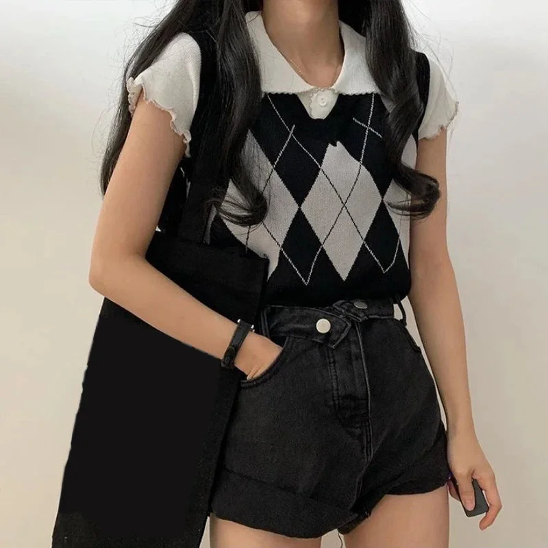 Nncharge Rhomboid Printed Sweater Vest Women Sleeveless V Neck Casual Sweaters Summer Autumn Knit Tops Female Streetwear