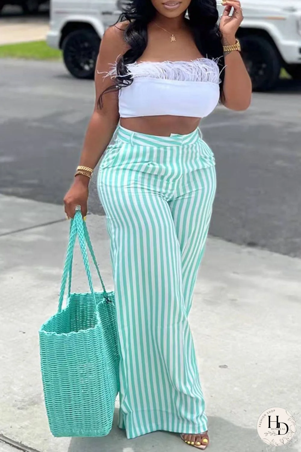 Red Casual Striped Print Patchwork Straight High Waist Wide Leg Full Print Bottoms