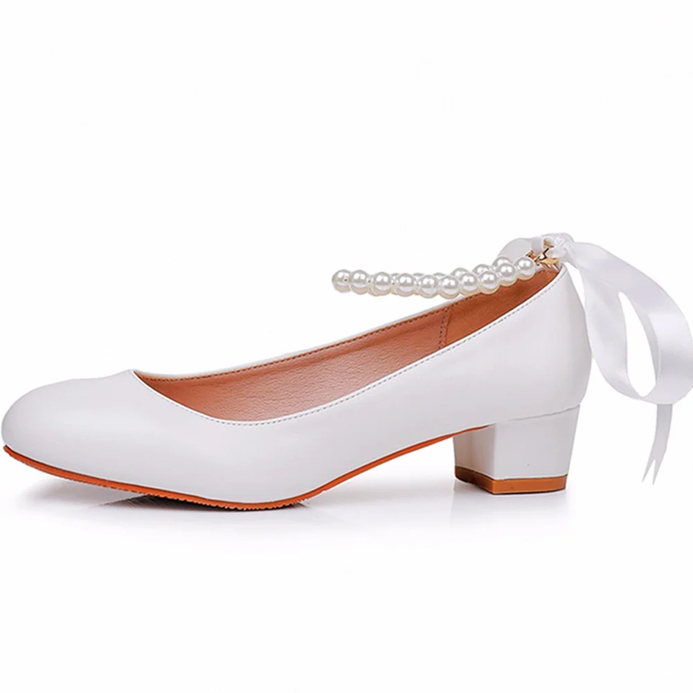 Breakj Breakj 3 Cm Square-Head Single Shoe With A Single Shoe Buckle Mary Jane White Shoes Beads Ribbon Wedding Shoes