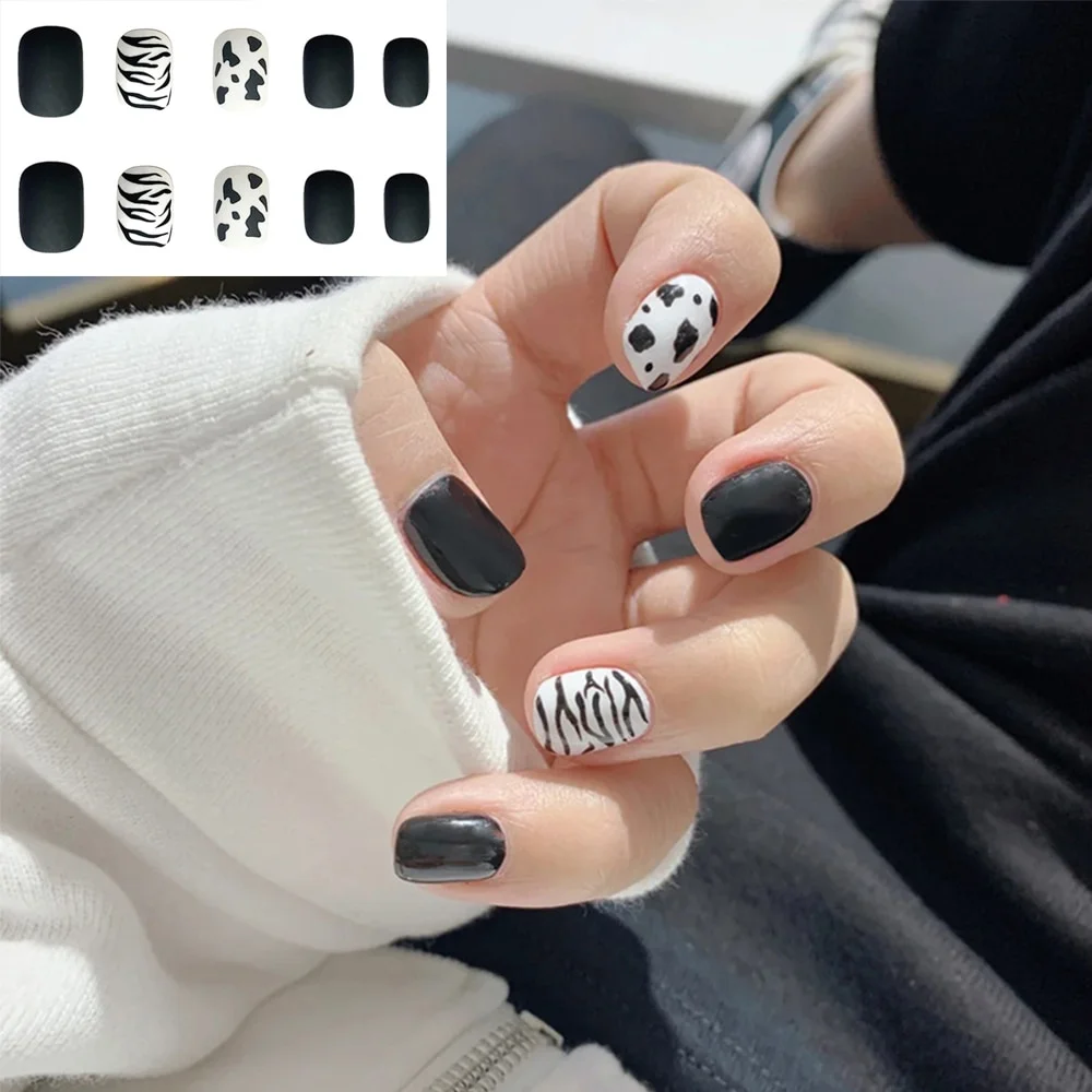 Applyw Leopard Theme Full Cover False Nail Tips 2021 New Style Black Brown Transparent Stiletto French Pearl Fake Nails With Glue