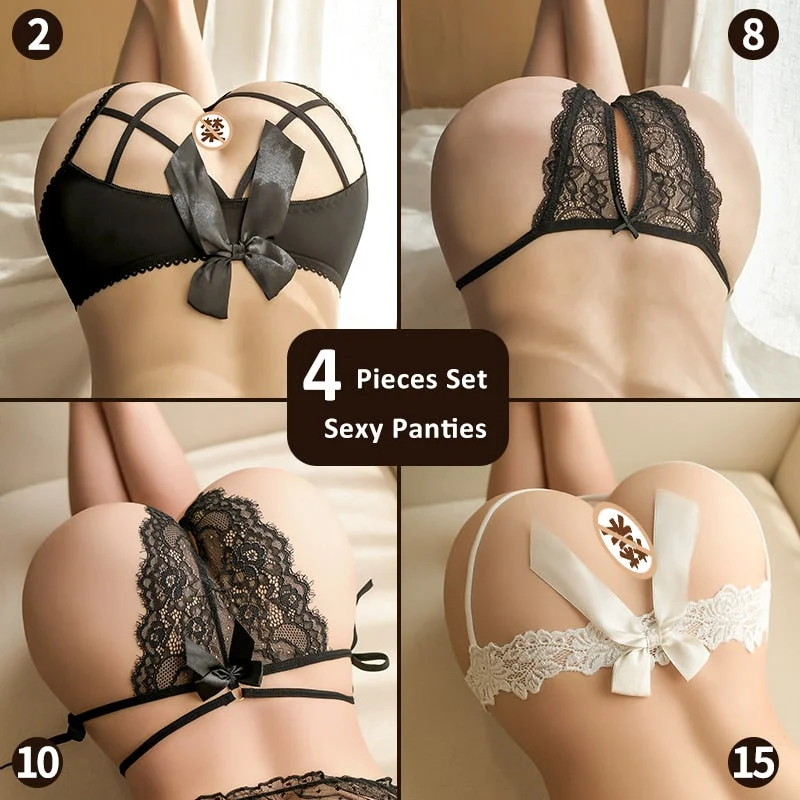 16 Types Of Porno Open Crotch Sexy Panties Lace See Through String Briefs 4 Pcs Set Cute Bow Knot Thong Sex Underwear For Women