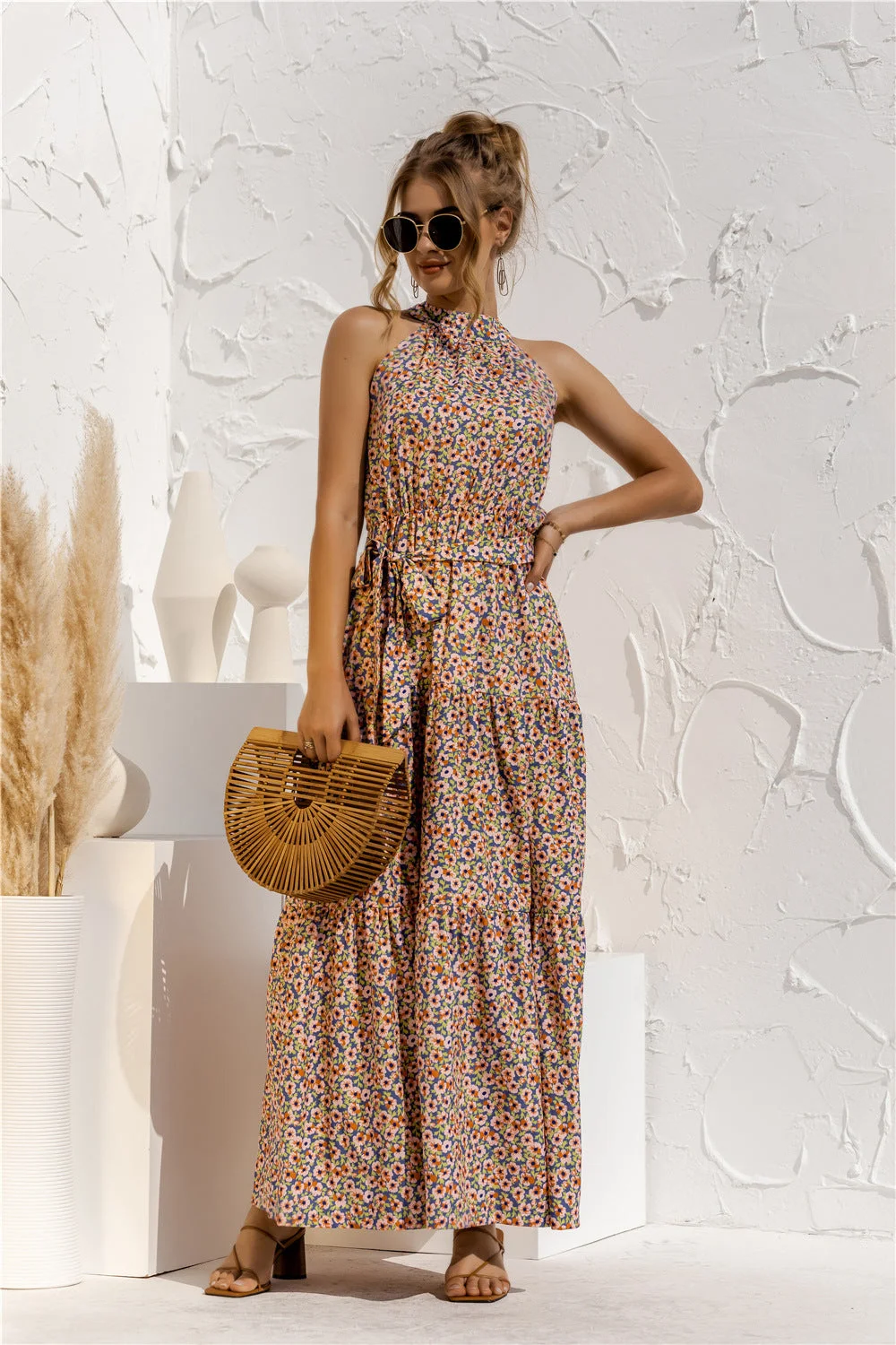 Brownm Dot Printed Lace Up Halter Tied Long Dress