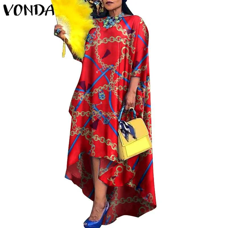 Women Dress 2022 VONDA Vintage Printed Asymmetric Party Long Maxi Dress Femme Robe Beach Sundress Casual Vestido Plus Size Robe