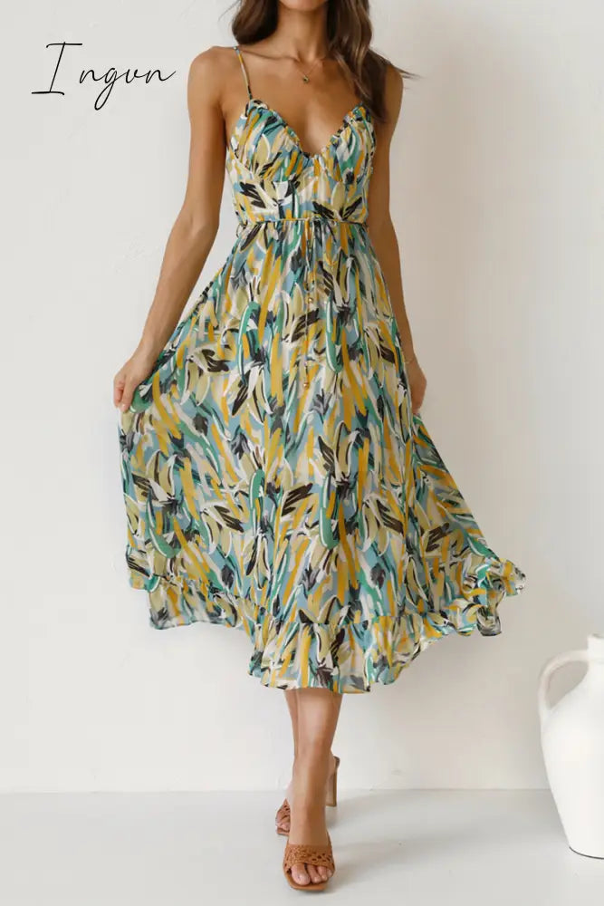 Ingvn - Fashion Print Patchwork Spaghetti Strap Cake Skirt Dresses Green / Xs Dresses/Print