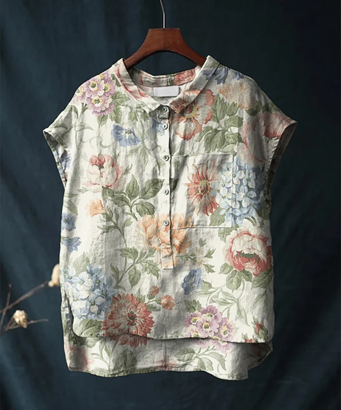 Vintage Floral Print Short-sleeved Cotton and Linen Shirt