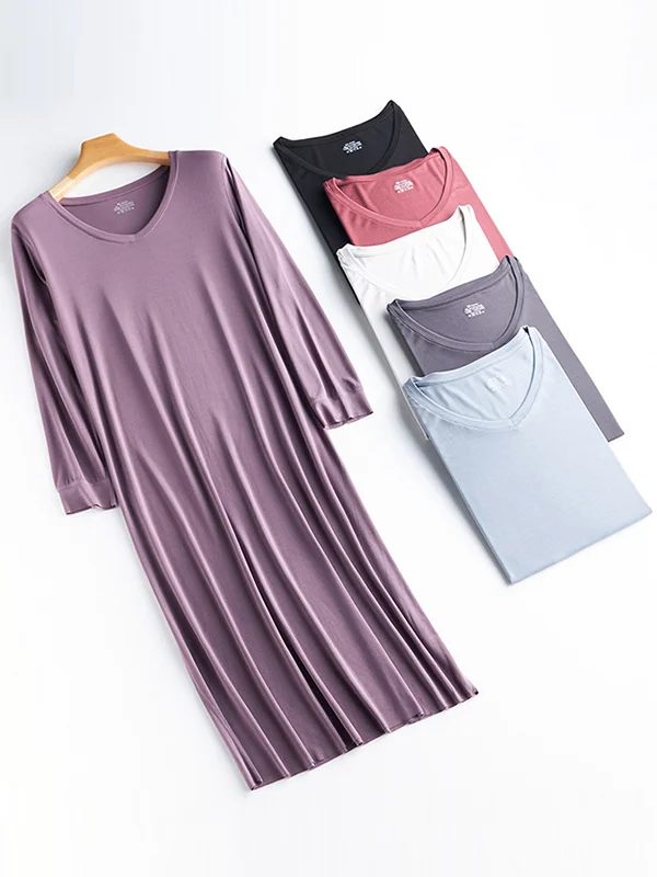 6 Colors Minimalist Pure Color Long Sleeves Midi Dress Home Wear