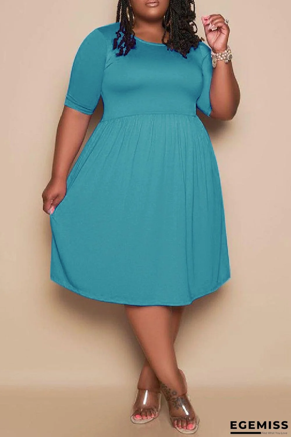 Light Blue Fashion Casual Plus Size Solid Basic O Neck Short Sleeve Dress (No Pocket) | EGEMISS