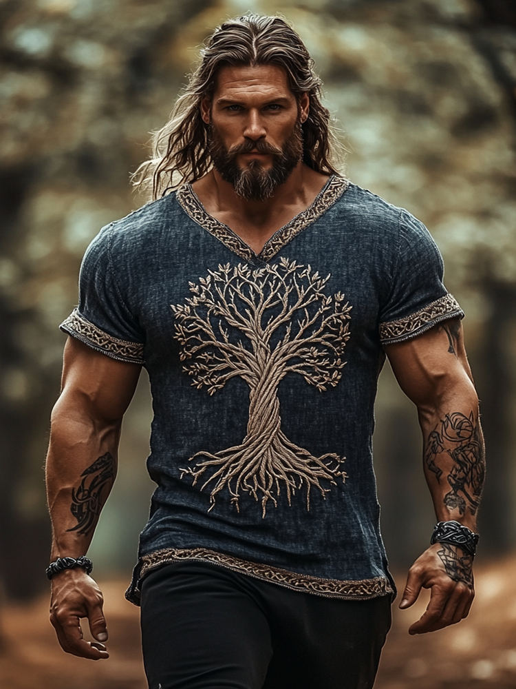 Men's Viking Tree Of Life Inspired Retro V-Neck T-Shirt / Rvogue / Rvogue
