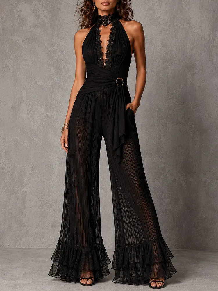 Boho Romantic Black Lace Waist Tie Halter Sheer Pleated Wide-Leg Jumpsuit