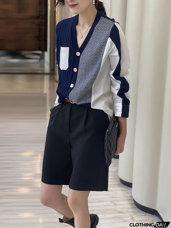 Urban Long Sleeves Contrast Color Split-Joint V-Neck Cardigan Tops