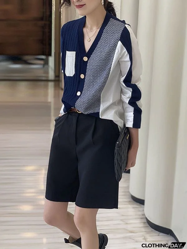 Urban Long Sleeves Contrast Color Split-Joint V-Neck Cardigan Tops
