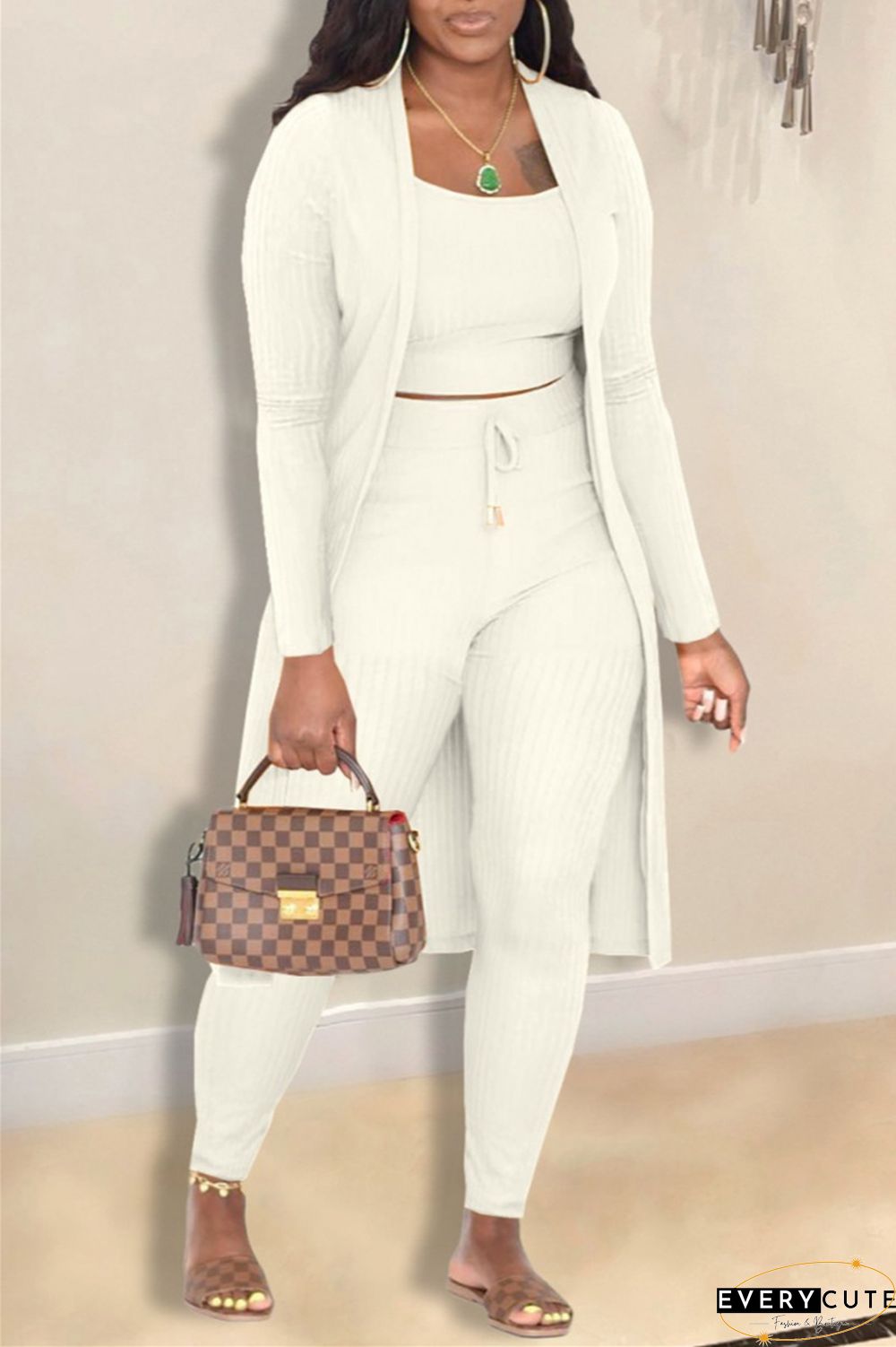 Casual Solid Cardigan Vests Pants Long Sleeve Three Piece Set