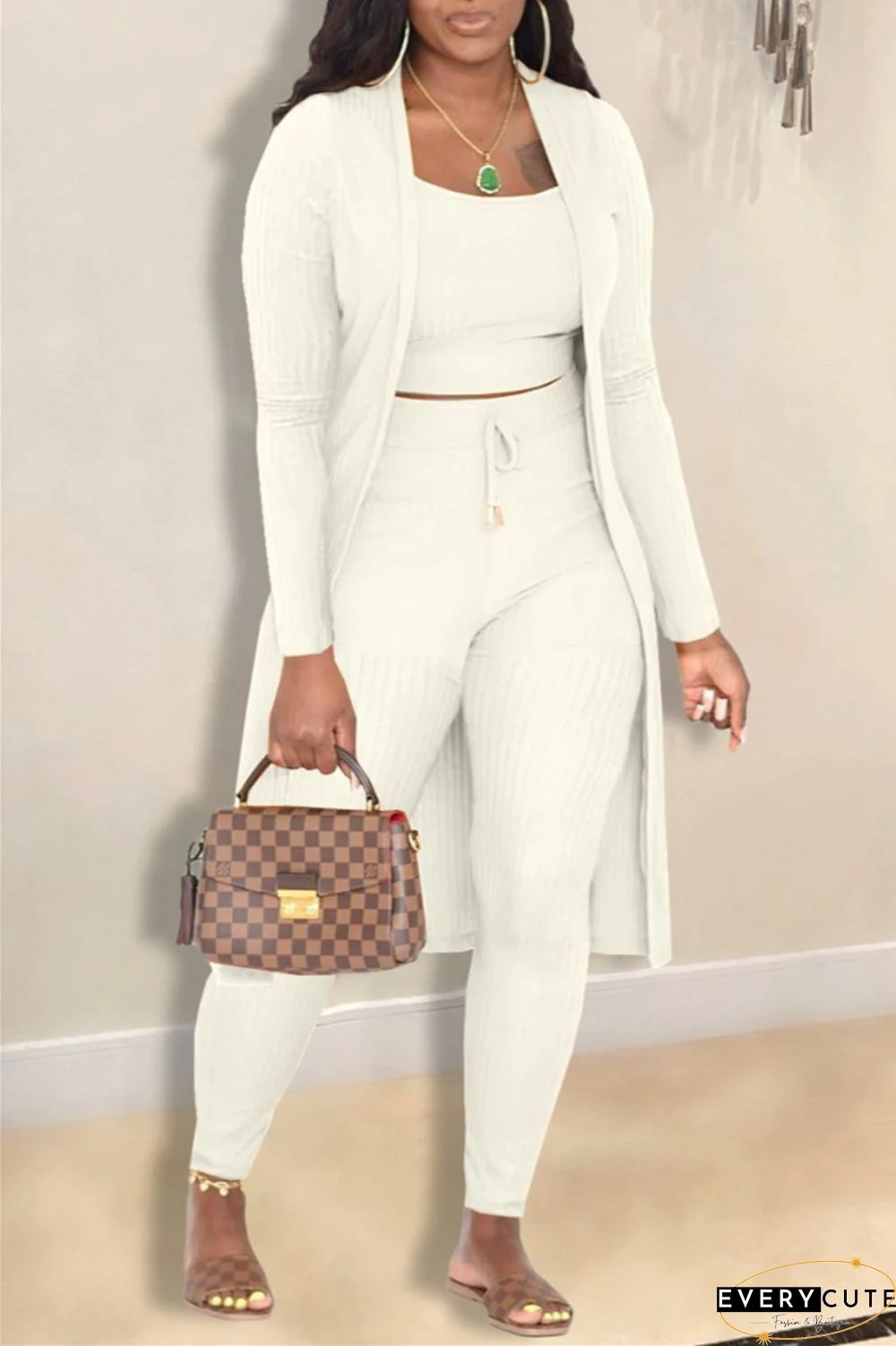 Casual Solid Cardigan Vests Pants Long Sleeve Three Piece Set