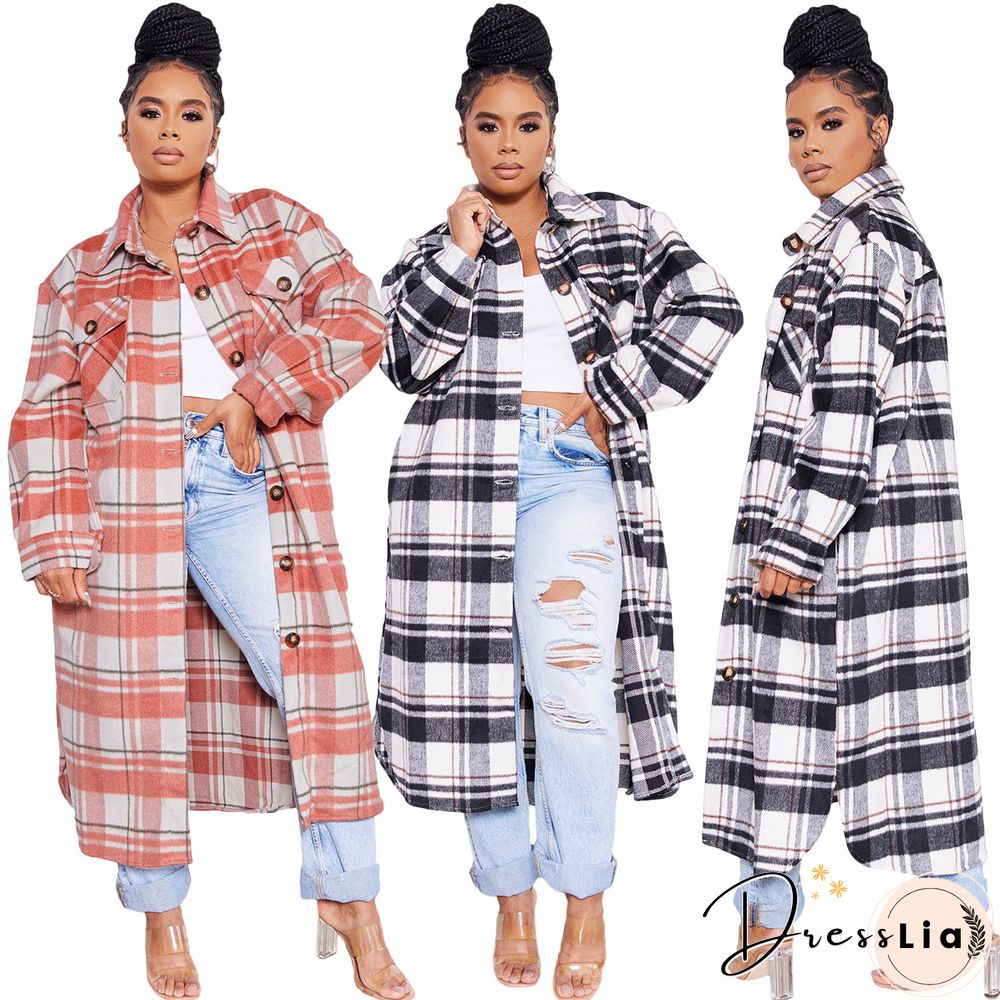 Classic Check Single-breasted Long Woolen Coat