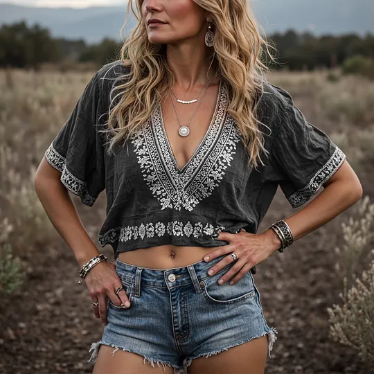 Women's Bohemian Chic: Embroidered Crop Top 