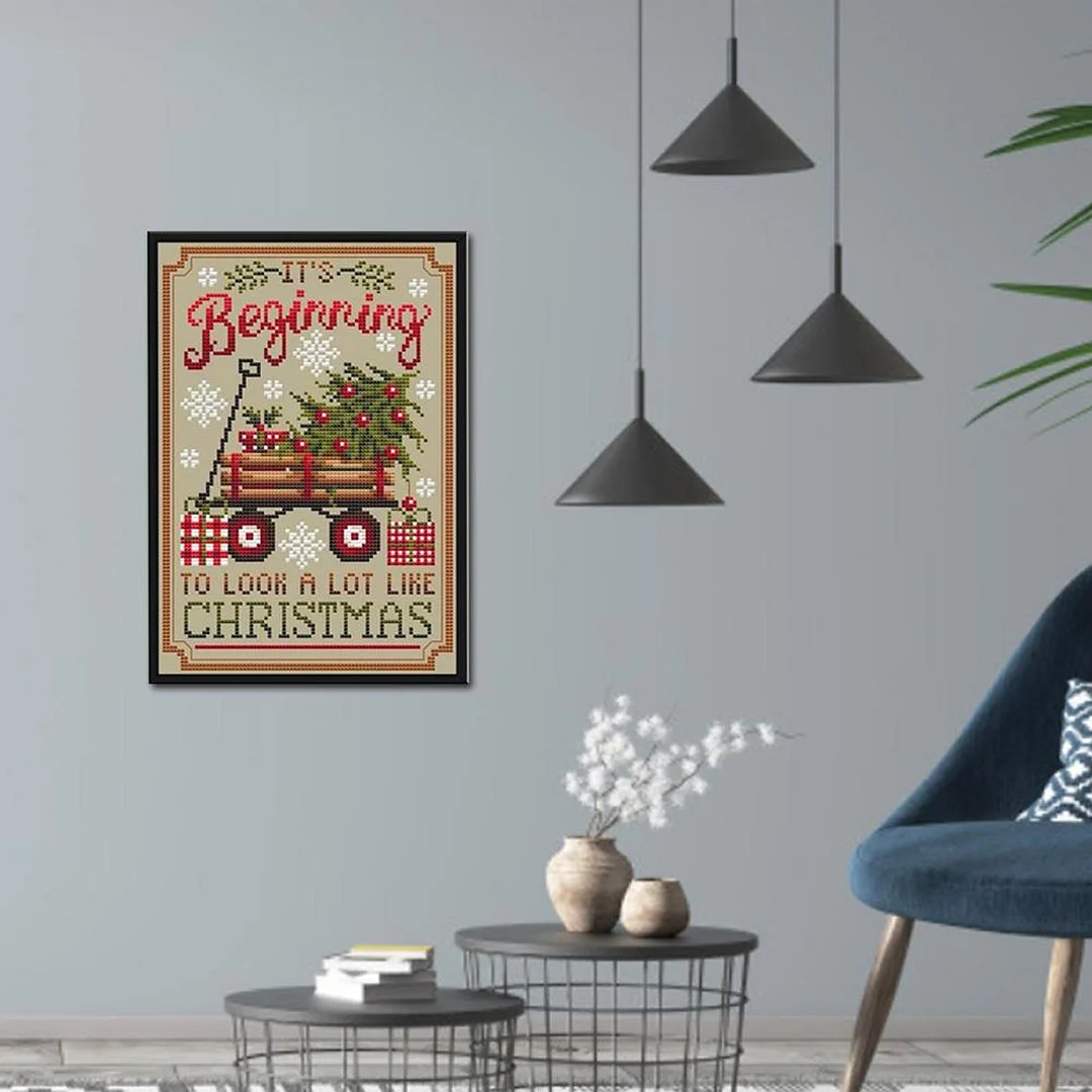 Xmas Trailer Printed Cross Stitch Kit 40x55cm DIY 11CT Thread Art Needlework