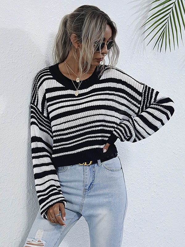 Urban Contrast Color Striped Round-Neck Sweater